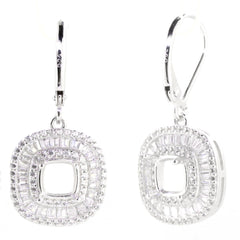 Sterling silver semi mount earrings setting featuring cushion cut white topaz and baguette triple halo design.