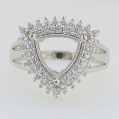 Sterling silver semi mount ring setting with trillion tri 10x10mm double halo and white topaz gemstones.