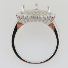 Sterling Silver semi mount ring setting with double halo and white topaz gemstones, 10x10mm trillion tri.