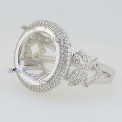 Sterling silver semi mount ring setting with double halo for round 15x15mm stone, featuring intricate floral design.