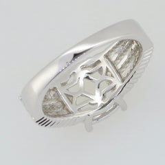 Sterling silver semi mount ring setting showcasing intricate design, ready for a 10x8mm gemstone, with white topaz accents.
