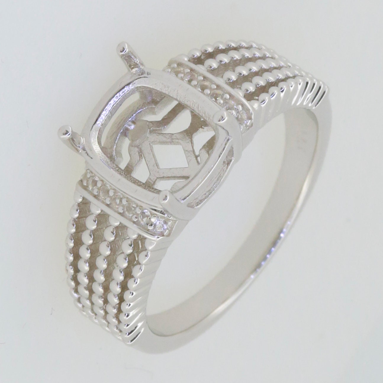 Sterling Silver Semi Mount Ring Setting with Cushion 10x8mm, ideal for custom gemstone placement.