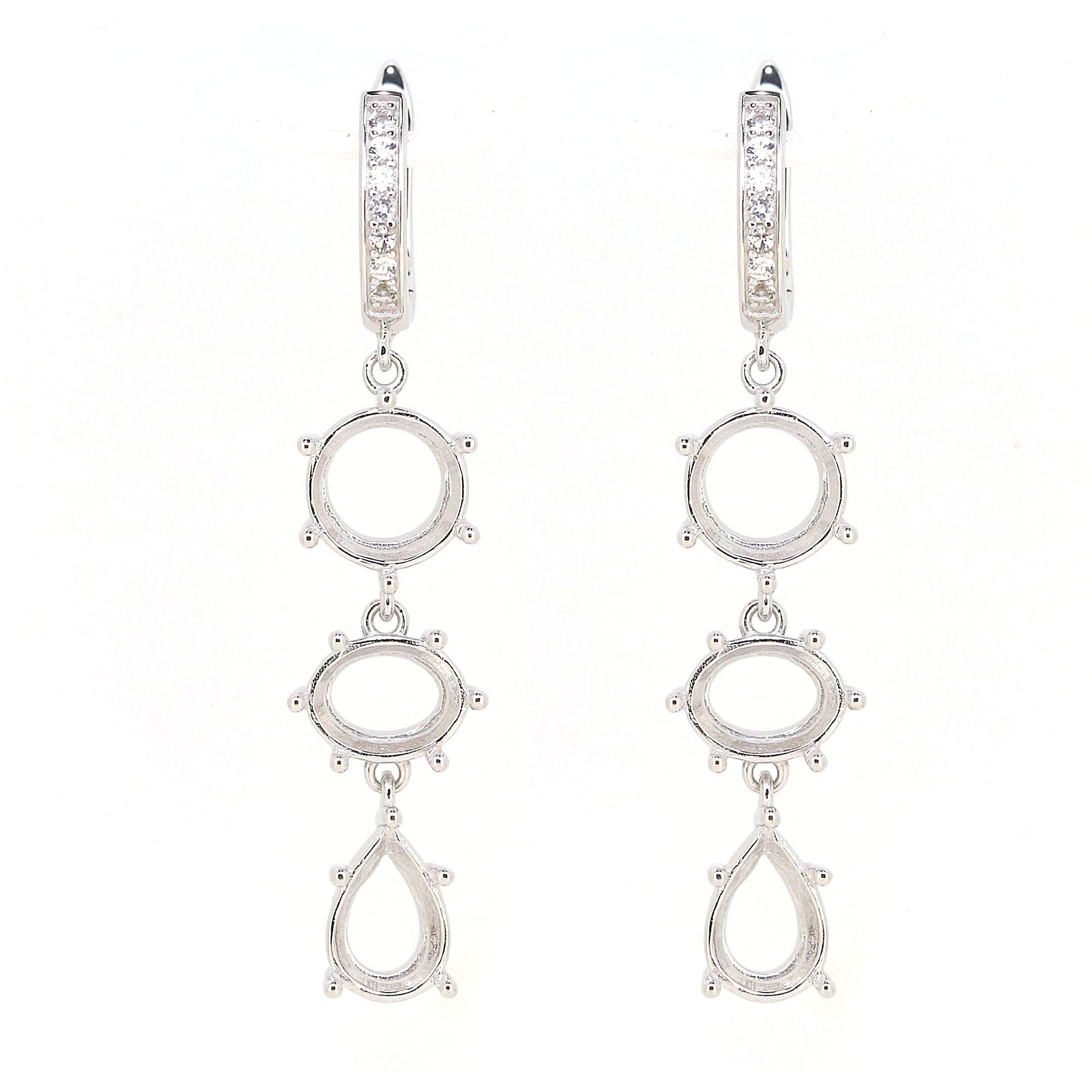 Sterling Silver Semi Mount Earrings Setting featuring round and oval designs, dangle French clip, customizable sizes, handmade.
