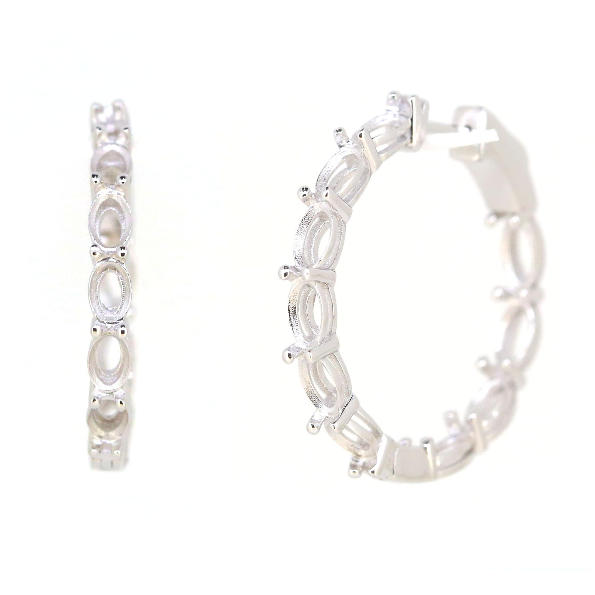 Sterling Silver semi mount earrings setting with oval 6x4mm design, featuring inside out hoop style for custom sizes.