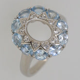 Sterling silver semi mount ring setting with natural aquamarine halo for oval gemstones 9x7mm, custom-made design.