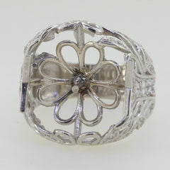 Sterling Silver Art Nouveau semi mount ring setting with floral design, ready for pearl or gemstone placement.
