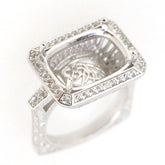 Sterling silver semi mount ring setting with cushion design, featuring white topaz accents and an old Euro shank.