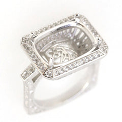 Sterling silver semi mount ring setting with cushion design, featuring white topaz accents and an old Euro shank.