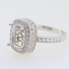 Sterling Silver semi mount ring setting with cushion halo for D color Moissanite gemstones, made to order.