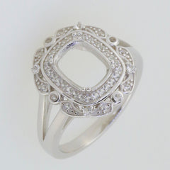Sterling silver semi mount cushion ring setting with white topaz accents, customizable for various sizes.