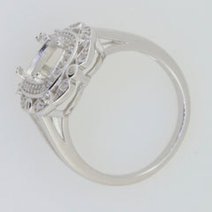 Sterling silver semi mount ring setting for 9x7mm cushion gem with white topaz accent, elegant halo design.