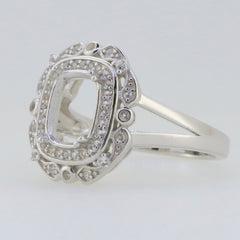 Sterling Silver Semi Mount Ring Setting with Cushion Halo design and White Topaz accents, perfect for customizable jewelry.