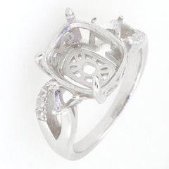 Sterling Silver Semi Mount Ring Setting for Cushion 12x10mm with White Topaz Accent and intricate design.