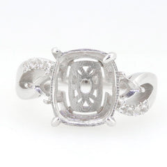 Sterling Silver Semi Mount Ring Setting with Cushion and Tri Stones for White Topaz Accents, customizable for various sizes.
