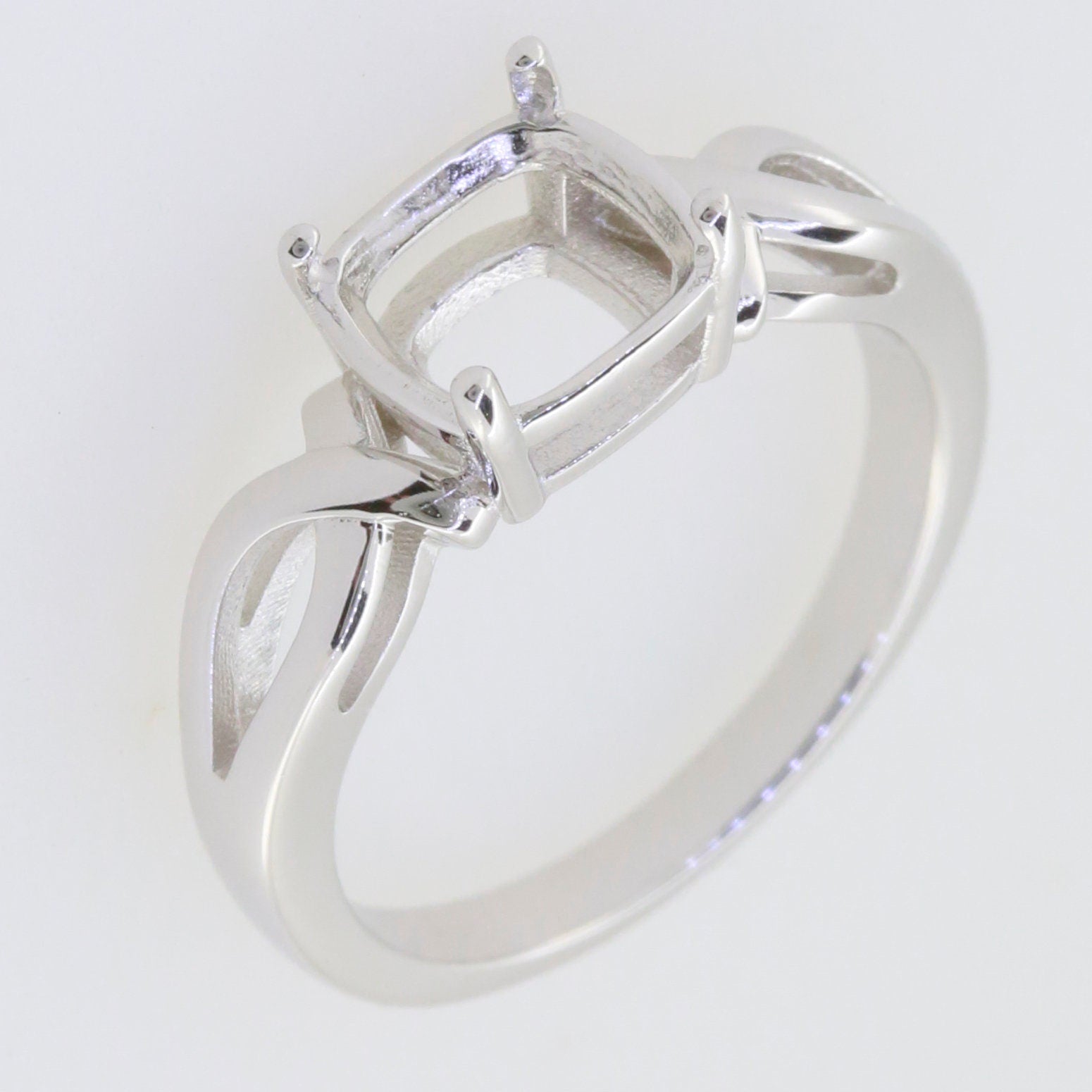 Sterling Silver Semi Mount Ring Setting with Cushion CU 8x8 Cross Shank, made to order for various sizes.