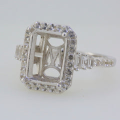 Sterling silver semi mount ring setting with halo white topaz, featuring a rectangular center for main gemstone.