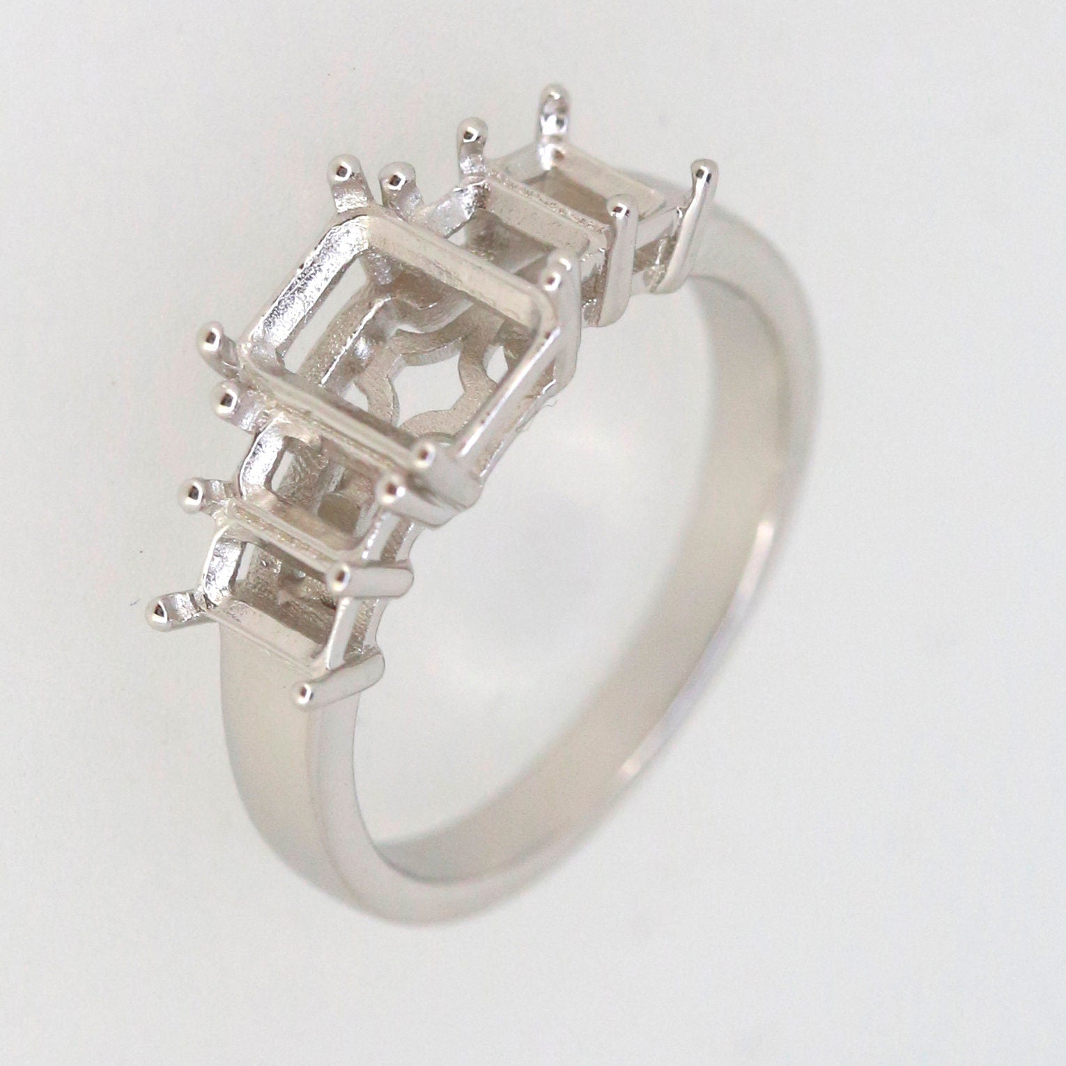 Sterling silver semi mount ring setting for emerald stones in octagonal shapes, customizable size, handcrafted design.