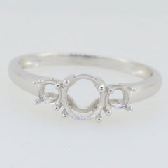 Sterling silver semi mount ring setting featuring three stone placeholders for customizable gem options.