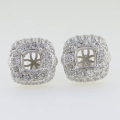 Sterling Silver Semi Mount Earrings Setting with Double Halo for Cushion Cut 7x7mm, featuring White Topaz gemstones.