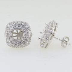 Sterling Silver Semi Mount Earrings Setting with Cushion White Topaz in Double Halo design.