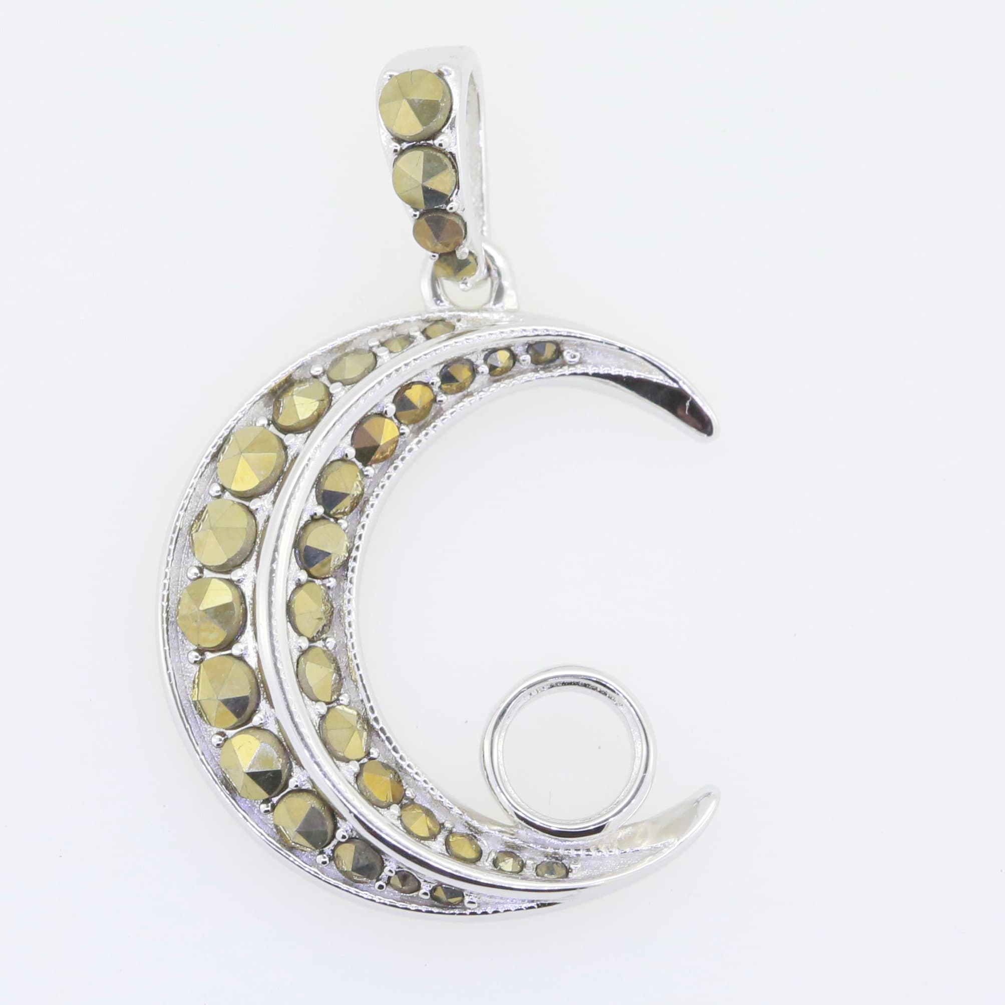 Sterling silver semi mount pendant setting in half moon shape with marcasite gemstones, 5x5mm round space.