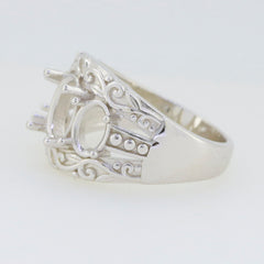 Sterling Silver Semi Mount Ring Setting designed for 9x7mm oval gemstones with elegant detailing.