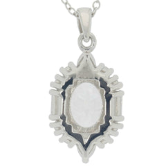 Sterling silver semi mount pendant with oval setting for 9x7mm gemstone, featuring baguette halo design.