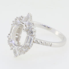 Sterling silver semi mount ring setting with oval halo and baguette white topaz, handcrafted, customizable size.