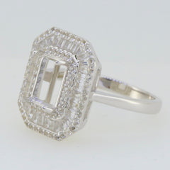 Sterling silver semi mount ring setting with baguette and halo design, featuring white topaz gemstones.