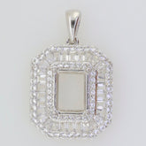 Sterling silver semi mount pendant setting with baguette and round white topaz triple halo, ready for custom gemstone.