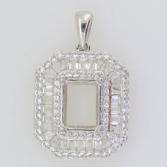 Sterling silver semi mount pendant setting with baguette and round white topaz triple halo, ready for custom gemstone.