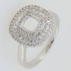 Sterling silver semi mount ring setting with cushion shape, baguette triple halo, featuring white topaz gemstones.