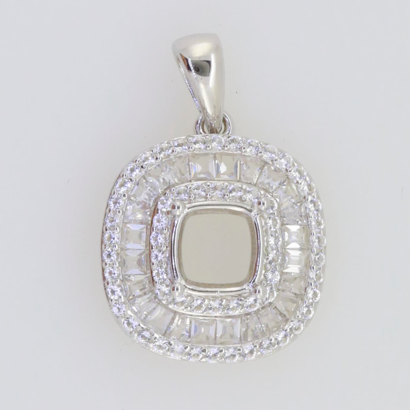 Sterling Silver Semi Mount Pendant Setting with Baguette Triple Halo and Cushion Center for 6x6mm Gemstone