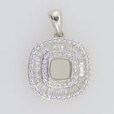 Sterling Silver Semi Mount Pendant Setting with Baguette Triple Halo and Cushion Center for 6x6mm Gemstone
