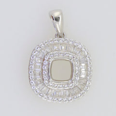 Sterling Silver Semi Mount Pendant Setting with Baguette Triple Halo and Cushion Center for 6x6mm Gemstone
