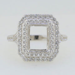 Sterling Silver Semi Mount Ring Setting with White Topaz Double Halo, designed for 10x8mm Emerald centerpiece.