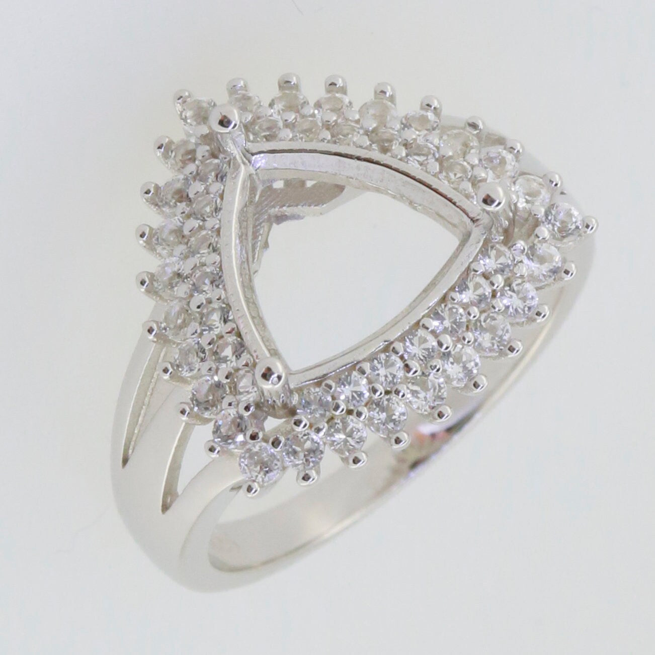 Sterling silver semi mount ring setting with white topaz, trillion tri shape double halo design, made to order.