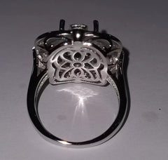 Sterling silver semi mount ring setting showing intricate design and filigree detail from the back view.