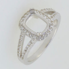 Sterling silver semi mount ring setting with cushion cut halo and split shank design for custom gemstones.