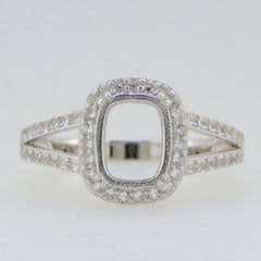 Sterling silver semi mount ring setting with cushion halo and split shank, designed for 11x9mm moissanite.