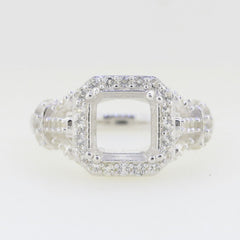 Sterling silver semi mount ring setting with halo and white topaz accents, designed for an 8x8mm Asscher cut gemstone.