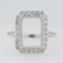 Sterling Silver Semi Mount Ring Setting with Halo D Color Moissanite Accents, ready for custom gemstones.