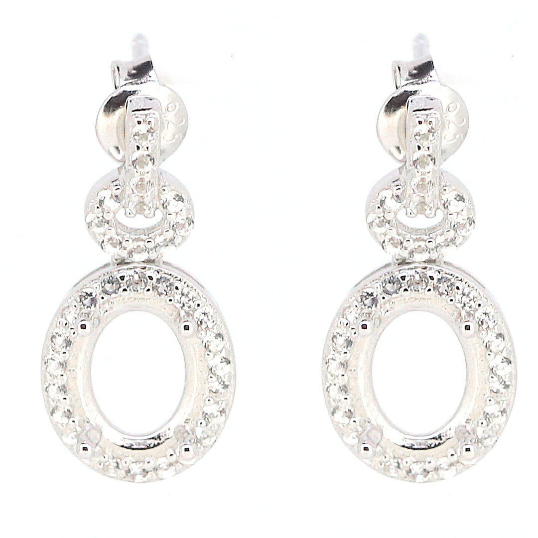 Sterling silver oval semi mount earrings setting with moissanite halo, dangle design.