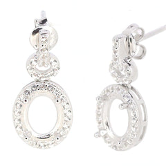 Sterling silver semi mount earrings setting oval dangle halo with moissanite gemstones, elegant jewelry design.