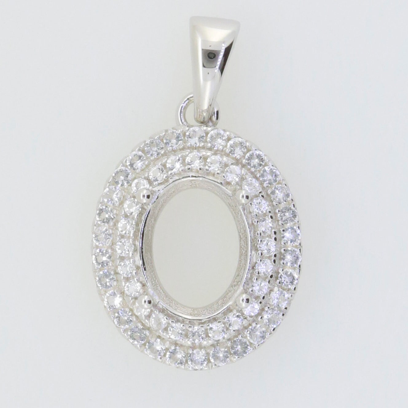Custom sterling silver semi mount pendant setting with white topaz, oval shape, 10mmx8.8mm, for personalized jewelry.