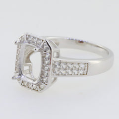 Sterling silver semi mount ring setting with white topaz accents, designed for a 9x7mm cushion gemstone.