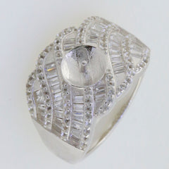 Sterling silver semi mount ring setting with pearl round RD 10x10mm and baguette design, customizable to multiple sizes.