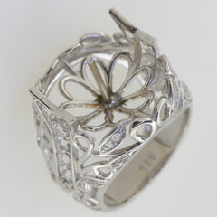 Sterling silver semi mount ring setting for a 12mm pearl, Art Nouveau style with white topaz accents.