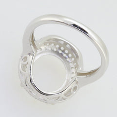 Sterling Silver Semi Mount Ring Setting with Halo design for 13x11mm Oval gemstone, showcasing intricate detailing.