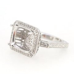 Sterling silver semi mount ring setting with cushion shape, featuring white topaz accents and intricate detailing.